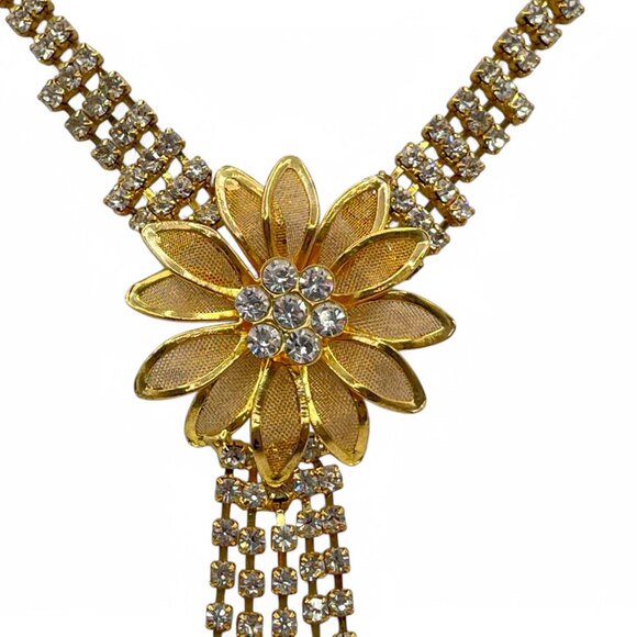 Vintage French Rhinestone Gold-Tone Sunflower Necklace with Glittery Drop - Picture 2 of 7